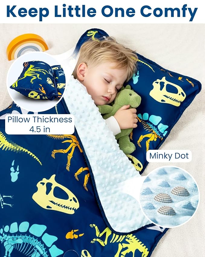 Toddler Nap Mat with Pillow and Minky Blanket, Large 55"x38" Sleeping Bag, Washable, Lightweight, Easy to Roll, Perfect for Preschool, Daycare, Kindergarten, Travel, Boys and Girls-Dinosaur