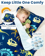 Toddler Nap Mat with Pillow and Minky Blanket, Large 55"x38" Sleeping Bag, Washable, Lightweight, Easy to Roll, Perfect for Preschool, Daycare, Kindergarten, Travel, Boys and Girls-Dinosaur