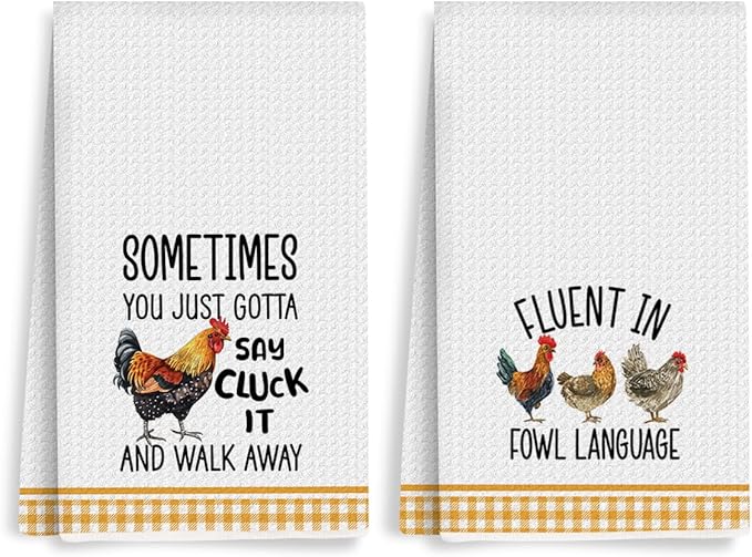 2Pcs Funny Kitchen Towels 24x14 Inch, Rooster Chicken Kitchen Decor Waffle Weave Hand Towels for Farmhouse, White Absorbent Microfiber Dish Cloth Tea Towel Chicken Gifts for Women Mom 3