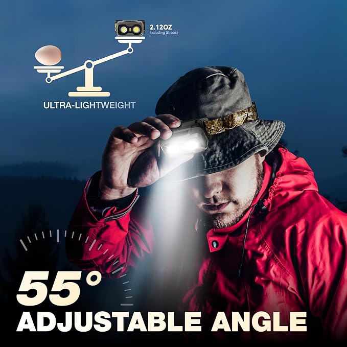 Mossy Oak 600 Lumens Rechargeable Headlamp, Lightweight LED Headlight with White & Red Light, Waterproof Head Lamp with Non-Slip Band, Dimmable & Memory Function for Camping, Hunting, Valentine's Day