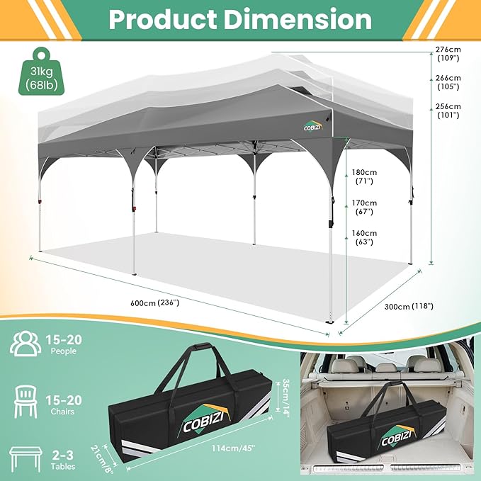 COBIZI 10x20 Pop Up Canopy Tent, Outdoor Party Tent with 4 Sidewalls, 1 Person Easy Set up, Tents for Parties with Fluorescent Strip & 4 Sandbags, Waterproof UPF50+, 3 Adjustable Height, Gray