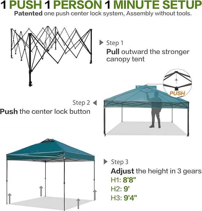 10'x10' Pop Up Canopy Tent with 1 Sidewall and 6 Pockets, One Push Setup, Instant Shade Tent with Vented Roof for Beach Patio Outdoor, Case, 8 Stakes, 4 Ropes, 4 Sandbags (Green, 10x10)