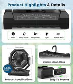 Portable Fan Rechargeable, 60H Long-Lasting Battery Powered Fan - 4 Speeds, 3 Light, Timer, Sleep Mode, Hook, Fans for Camping Gear, Travel Essentials, Tent, RV, Outdoors, Garage, Emergency