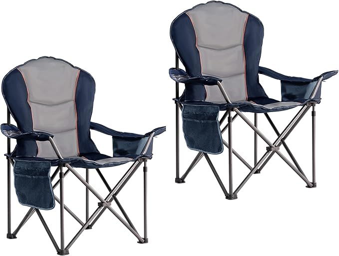 Large Camping Chair with Side Table Heavy Duty 500LBS - Folding Outdoor Chair with Cooler Bag (Blue & Gray, 2 PCS)