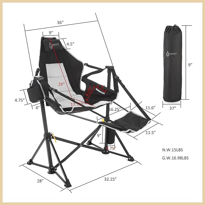 Arrowhead Outdoor Folding Hammock Camp Chair with Detachable Footrest, Stabilized Feet, Padded Headrest and Seat, Large Cup Holders, 300 LBS Weight Capacity, for Camping, Beach, Tailgating