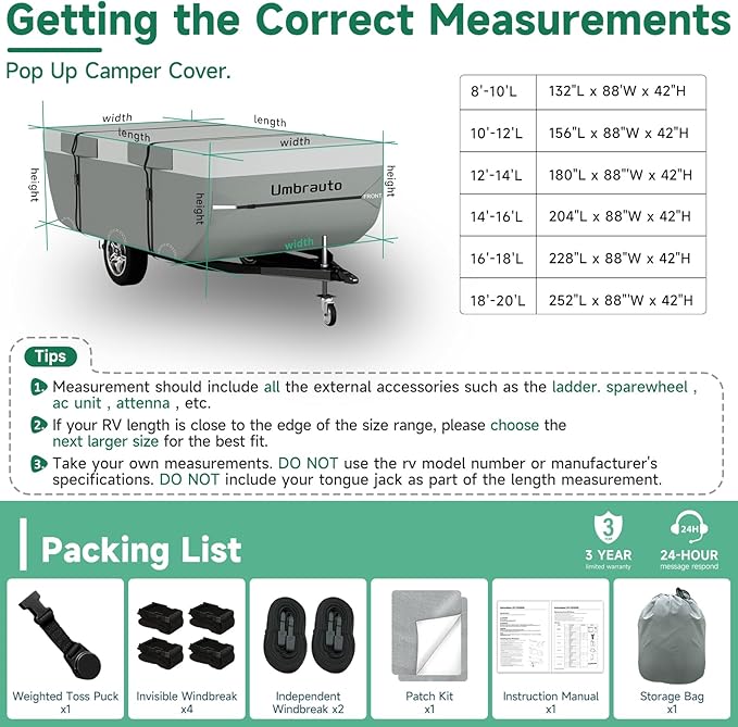 Umbrauto Pop Up Folding Camper Cover Fits 10‘-12’, Upgraded 7 Layers Top Tent Trailer Cover Waterproof Extra Thick Polypropylene Breathable Ripstop Pop Up Folding Trailer Cover