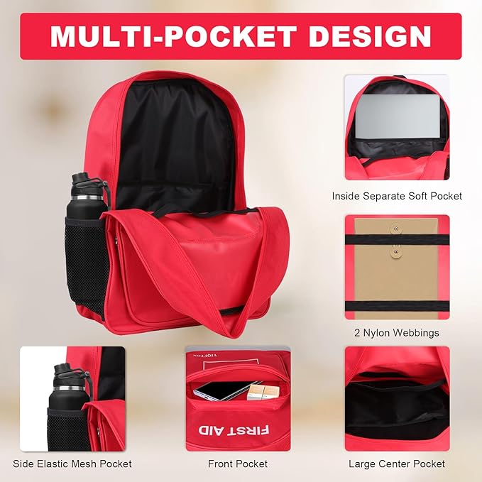 First Aid Backpack Empty, Red Waterproof Emergency Backpack, Portable Large Capacity Empty Medical First Aid Bag for Car Home Office Outdoor Travel Hiking Camping