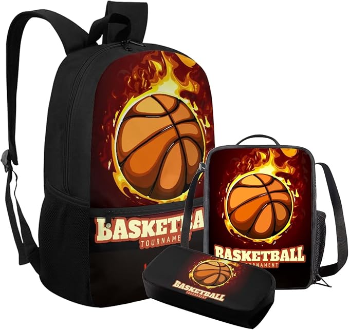 Rnyleeg Basketball Backpack for Boys Cool School Backpack with Lunch Box 3 Pcs Bookbag Set for Elementary Students Back to School Gifts for Kids
