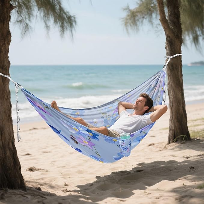 Blue Background Little Flowers Camping Hammock Single Portable Hammocks 330 lbs Capacity with 2 Tree Straps and Attached Carry Bag,Perfect for Outdoor,Indoor,Beach,Camping,Travel