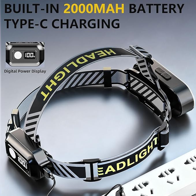 Super Bright Headlamp Rechargeable - 6 LED & 2 COB, 90° Rotating, Digital Power Display, 15 Modes with Red Light, Waterproof for Camping, Hiking, Walking, Running, Mechanic, Emergency