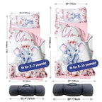 Custom Toddler Nap Mat for Preschool, Personalized Name Kids Sleeping Bag with Flower Elephant for Daycare, Roll Up Sleeping Mat with Removable Pillow and Soft Dot Minky Blanke for Girls Camping