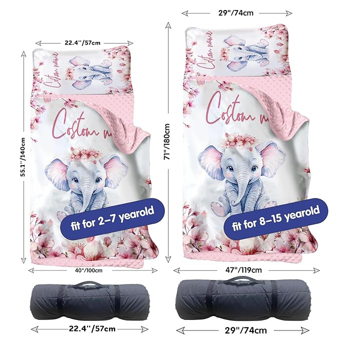 Custom Toddler Nap Mat for Preschool, Personalized Name Kids Sleeping Bag with Flower Elephant for Daycare, Roll Up Sleeping Mat with Removable Pillow and Soft Dot Minky Blanke for Girls Camping