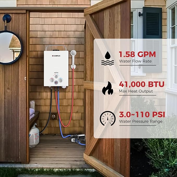 Tankless Water Heater, Camplux 1.58 GPM Propane Portable Water Heater With Pump Kit, White