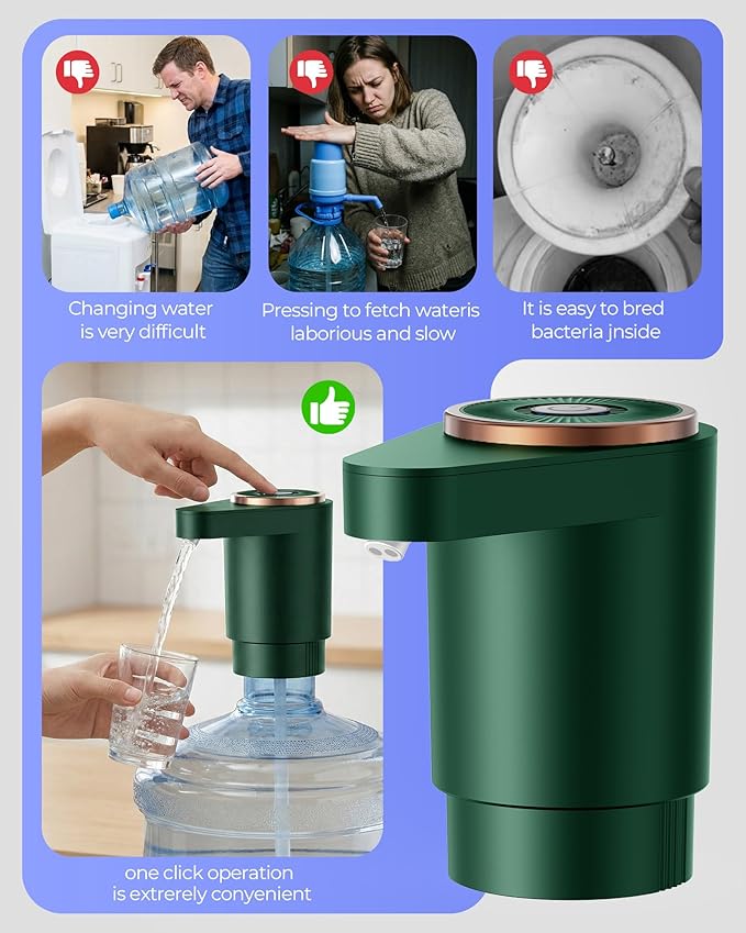 Water Jug Pump for 5 Gallon Bottle – Portable Electric USB-C Charging Dispenser, Dual Powerful Motors, Fast Flow, Fits 2-5 Gallon Jugs – Ideal for Home, Office, Camping, RV, Dark Green