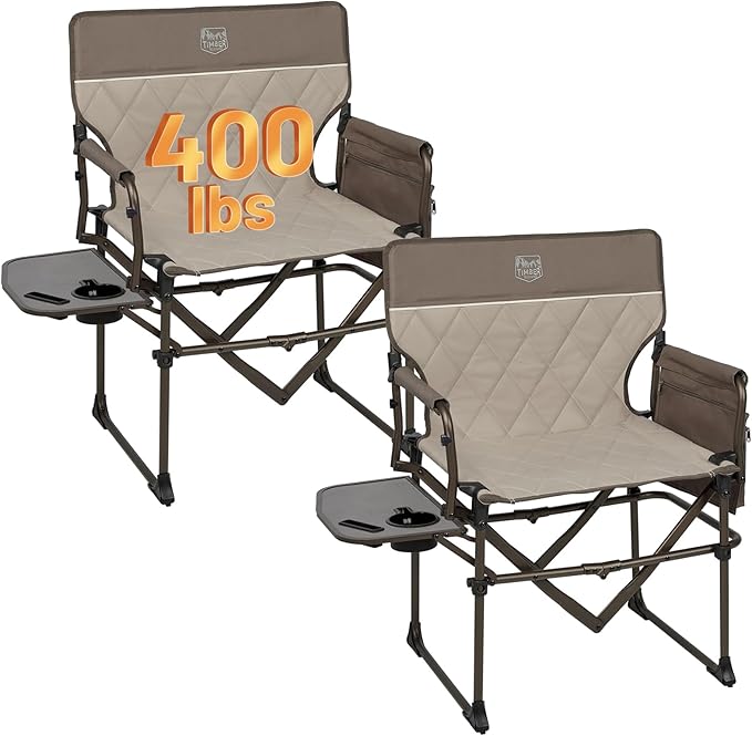 TIMBER RIDGE 2 Pack Aluminum Camping Directors Chair with Side Table Pocket, Portable Folding Heavy Duty Lawn Chair for Fishing Trip Picnic Concert Outdoor 400lbs, Tan