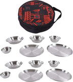Stainless Steel Camping Plates and Bowls Set, 12PCS Portable Tableware Cookware with Storage Bag, 3.5inch to 9.1 inch, Camping Dish Set for Backpacking, Camping, Hiking, Beach,Outdoor