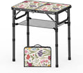 Small Camping Table, Vintage French Flowers Pattern Folding Table, Adjustable Height, Lightweight & Portable Outdoor Picnic Table with Carry Handle for Patio, Living Room, Travel