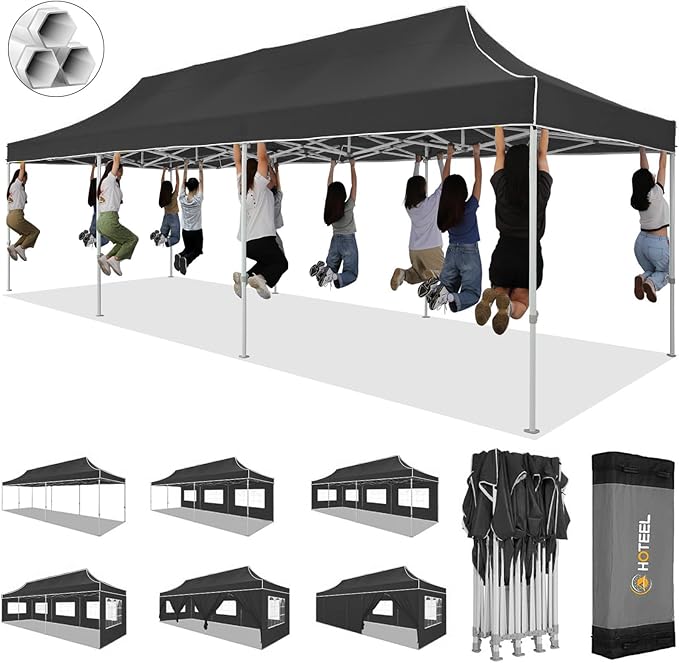 HOTEEL 10x30 Heavy Duty Pop up Canopy Tent for Parties with 8 Sidewalls, Easy Setup Outdoor Commercial Instant Gazebo for Wedding Event, with Portable Bag & Sand Bags, Black(Hexagonal Frame)