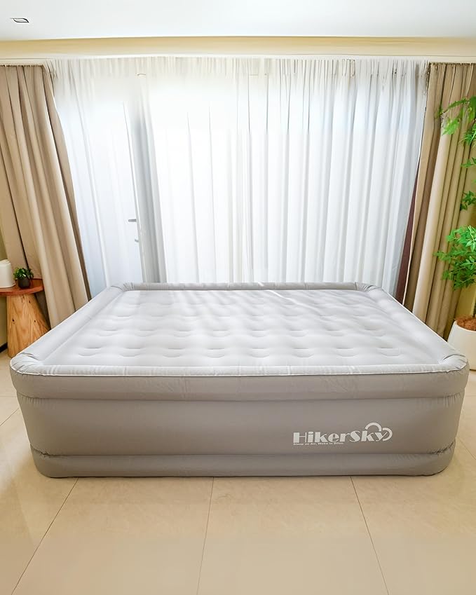 Air Mattress Queen with Built in Wireless Battery Pump, Blow Up Inflatable Mattress for Camping,Guest Air Bed, All Fabric, 21'' Grey Queen