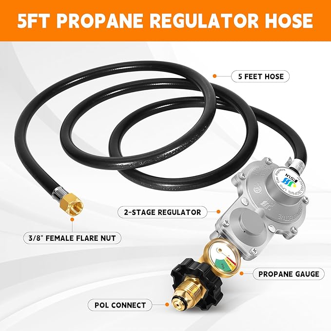 GasSaf 5FT 2 Stage Propane Regulator with Hose and Gauge for RV, Generators, Camp Stoves, Gas Grills, Heaters - Standard POL Connection Fits 5-100 lb Propane Tanks