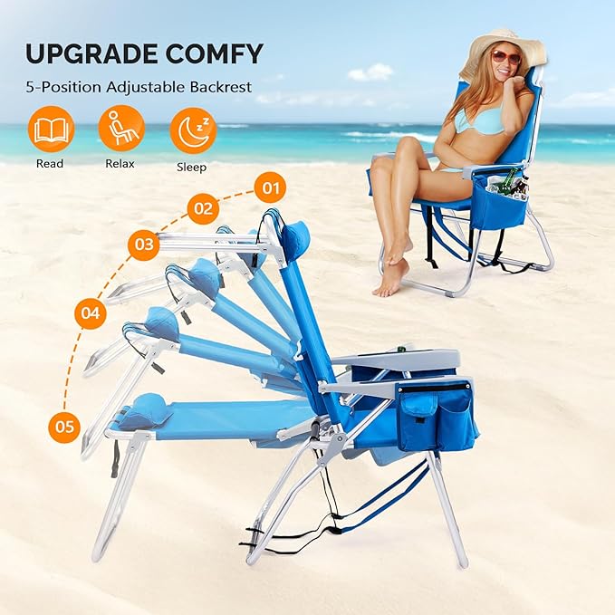 VINGLI Tall Beach Chair 1 Pack Lightweight, Backpack Beach Chair for Adults with 5-Position, Cooler Bag, Cup Holders, Towel Bar, Lightweight Folding Beach Camping Chairs Blue