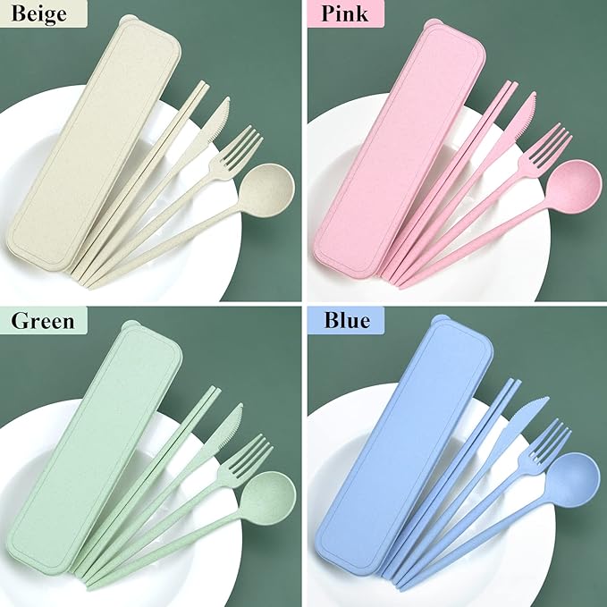 4 Sets Travel Utensils with Case, Cutlery Set Chopsticks Fork Spoon Knife with Case, Reusable Plastic Utensils Sets for Lunch Box Accessories,Portable Lunch Box Utensils Set for Daily Use