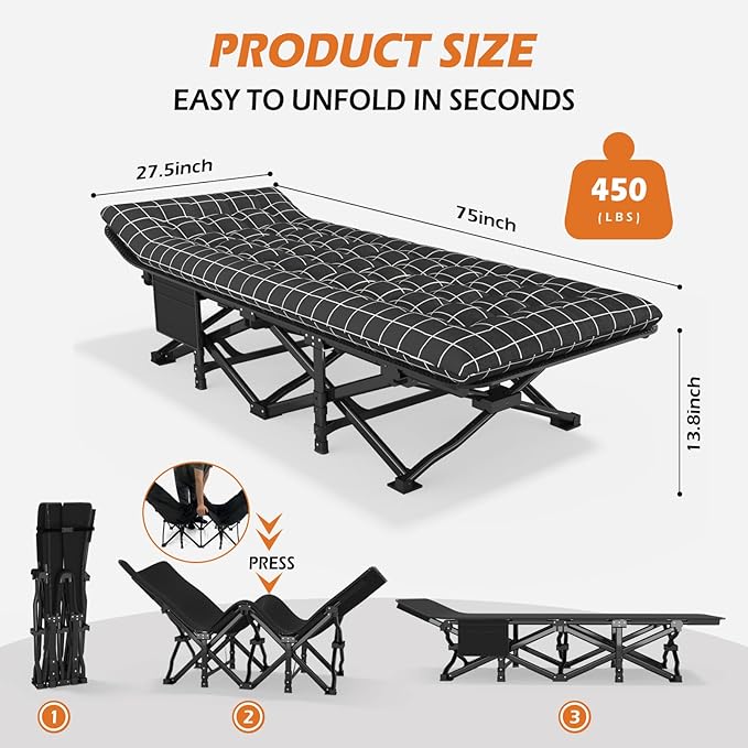 ATORPOK Camping Cot for Adults with Cushion Comfortable, Portable Folding Bed for Sleeping, Lightweight Folding Bed with Carry Bag for Kids Supports 450 lbs (Black)