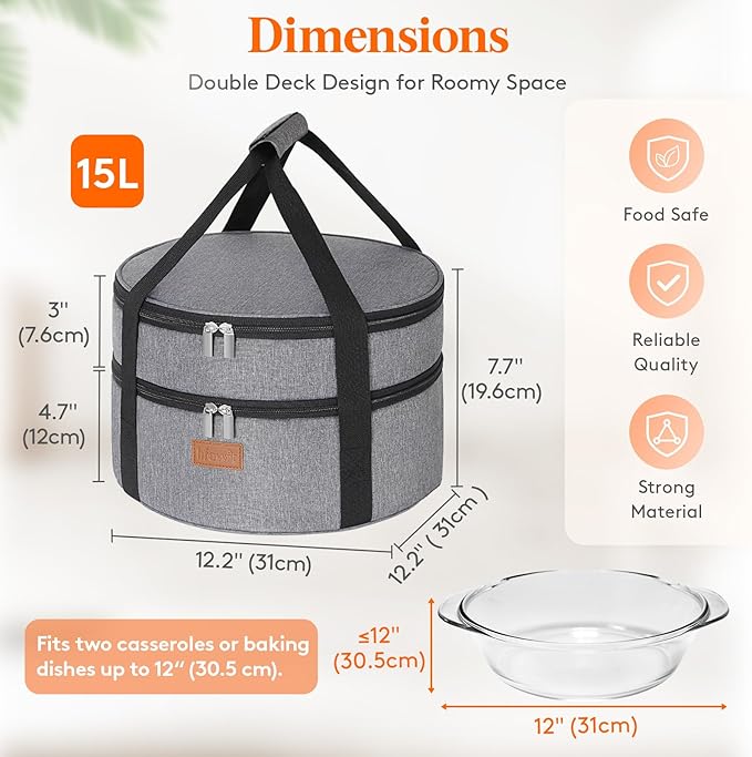 Lifewit Insulated Double Decker Round Casserole Carrier, Portable Pie Carrier Bag for Hot or Cold Food, Fits 12.5" Baking Dish, Thermal Lunch Tote for Potluck Parties, Picnic and Cookouts, Grey