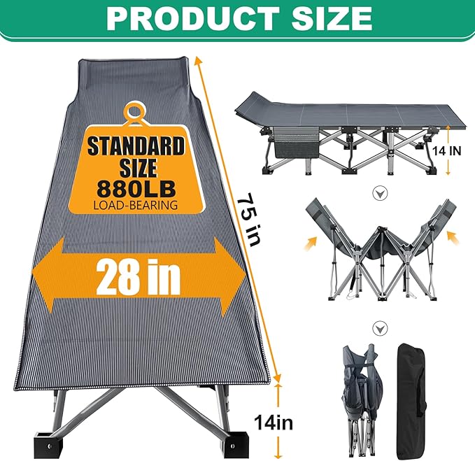 LILYPELLE Folding Camping Cot, Extra Wide Heavy Duty Sleeping Cots with Carry Bag, Double Layer Oxford Portable Travel Camp Cots for Home, Office Nap and Outdoor Beach