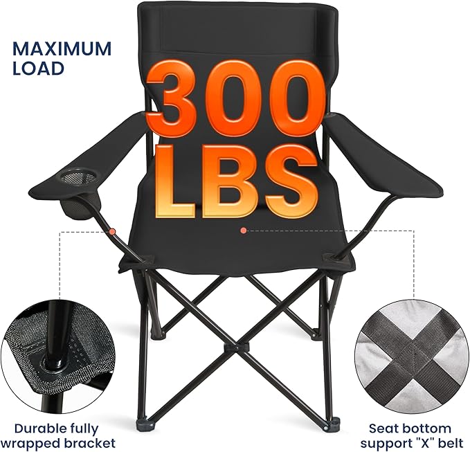 Portable Camping Chair 2 Pack, Folding Outdoor Chair with Cup Holder & Side Pocket for Camping (Black, 2 Pack)