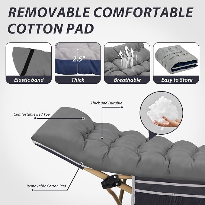 Folding Camping Cot for Sleeping, Portable Cots for Adults, Heavy Duty Cot Bed 550LBS(Max Load), Extra Wider Cots with Large Pocket for Outdoor, Office, Beach