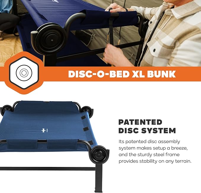 Disc-O-Bed Extra Large Portable Bunk Camping Cots with Carry Bags - Heavy-Duty Indoor or Outdoor Sleeping System, Converts to Bench or Separate Beds, 500 lb Weight Capacity Per Cot, Navy