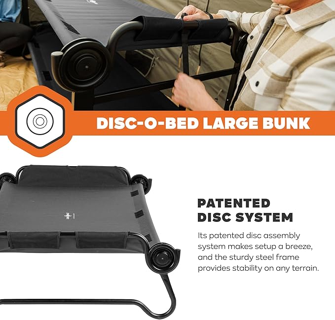 Disc-O-Bed Large Outdoor Convertible 2 Person Bench and Double Camping Cot Portable Bed Bunk System for Adults, Black