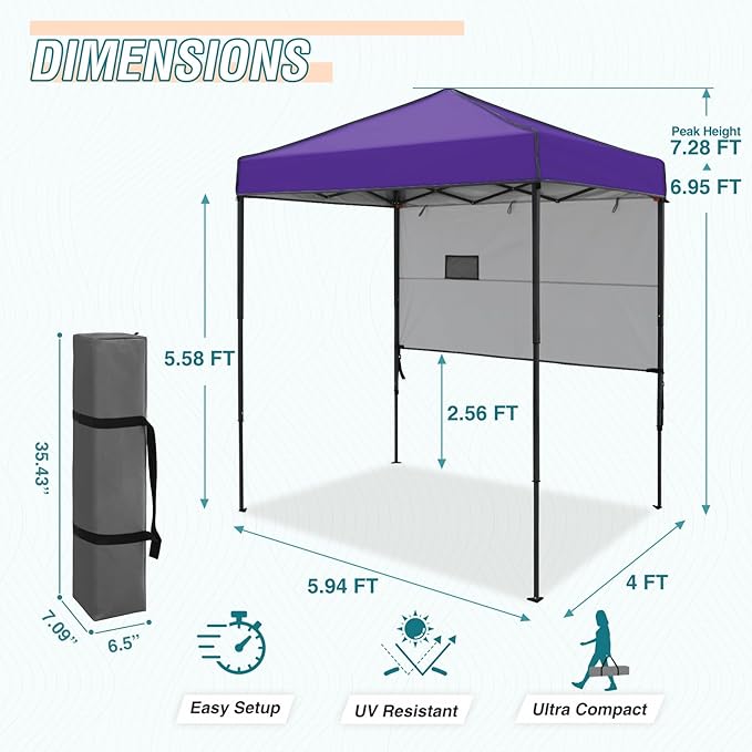 EAGLE PEAK 6x4 Instant Pop Up Canopy Tent with 1 Half Wall Panel, Straight Leg Sun Shelter, Portable Canopy with Carry Bag for Camping, Beach & Sports, Purple