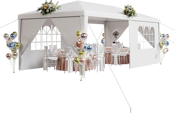 EROMMY Outdoor Party Tent 10x20 FT, Waterproof Canopy with 4 Removable Sidewalls and 2 Zipper Doors for Weddings, Events, Backyard Parties, White