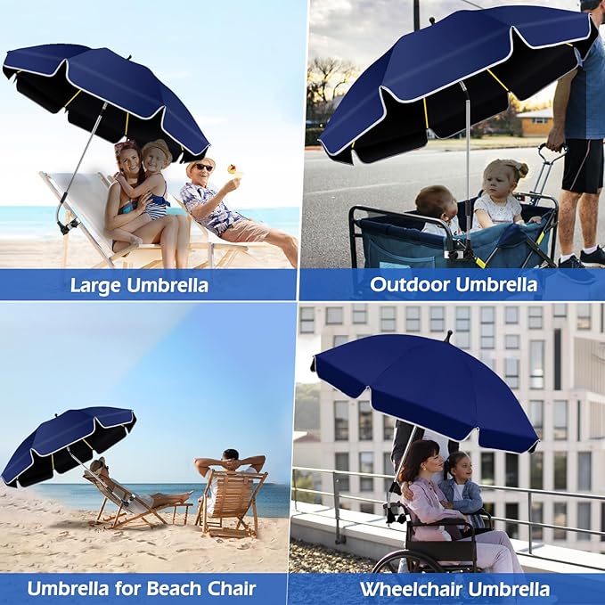 48.8 inch Beach Umbrella with Clamp Sun Shade for Beach Chair, 360°Adjustable UV Protection Golf Umbrella with Clip for Outdoor Stroller Wheelchair Camping Chair（ink blue）