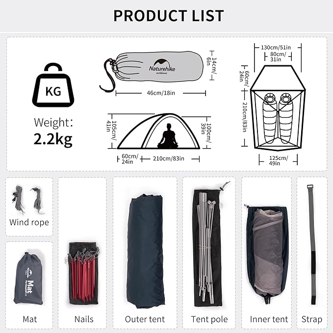 Naturehike Cloud Up 3 Person Backpacking Tent with Footprint - 3 Season Free Standing Lightweight 3 Person Camping Tent | with Footprint, Free Standing, Dome, Camping, Hiking, Waterproof