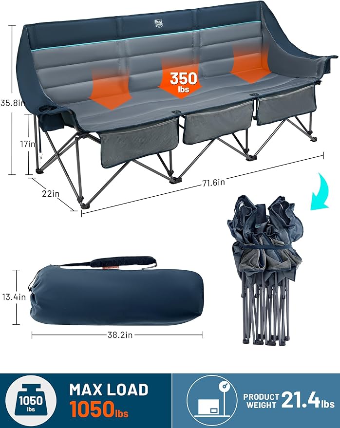 Timber Ridge Padded 3 Person Camping Chair with Cup Holders and Pockets, Outdoor Folding Loveseat Camping Chairs, 1050lbs Capacity Heavy Duty Camp Couch for Outside Picnic, Beach, Lawn, Sports, Blue