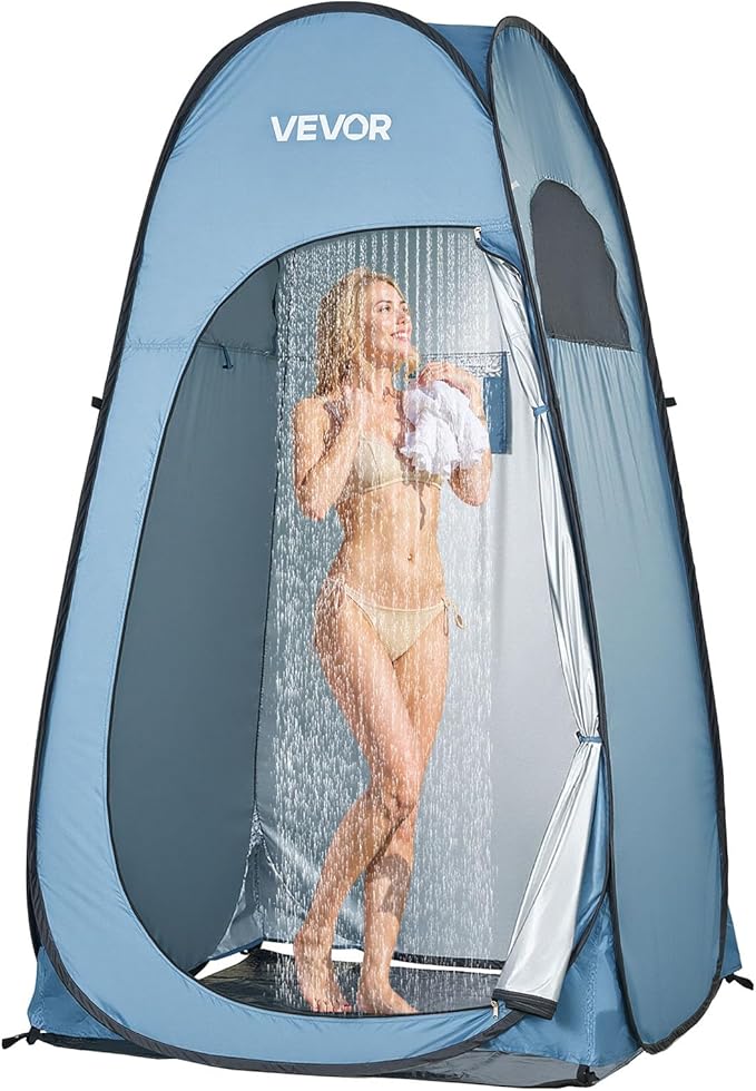 VEVOR Pop up Shower Tent, Instant Portable Privacy Tent Changing Room with Ground Stakes, Ropes, and Carry Bag, 190T Polyester with Silver Coating, Quick Setup, for Camping, Beach, Fishing, Blue