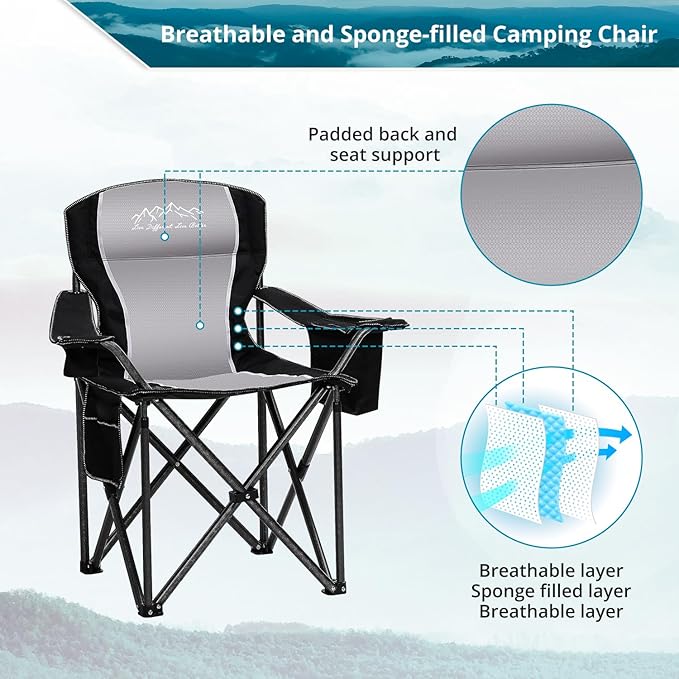 2PCS Folding Camping Chair, Heavy Duty Portable Lawn Chairs with Cooler Bag, Side Pocket & Cup Holder, Folding Chairs for Outside Support 450lbs Black