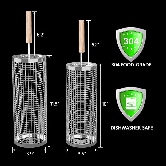 Rolling Grill Basket 2-Pack, Premium 304 Stainless Steel, Removable Wooden Handles, Upgrade Rolling Grill Baskets for Outdoor Grill, BBQ Grill Accessories for Camping/Backyard Cooking, Ideal Gift for Dad/Husband
