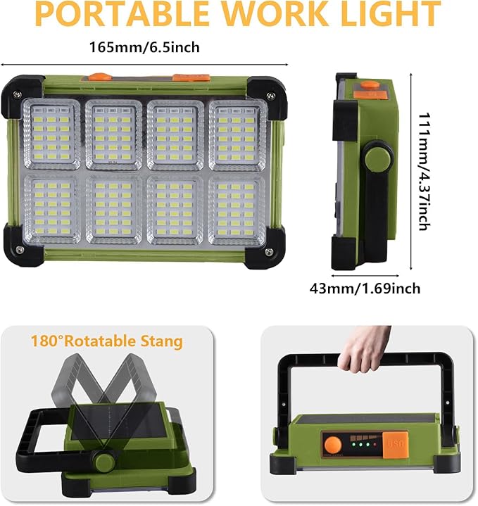 120W Solar Rechargeable Work Light, 144 LED Portable Flood Light with Stand, IP66 Waterproof 4 Modes LED Job Site Lighting Flashlights for Mechanic Camping Fishing Car Repair(Green 1 Pack)