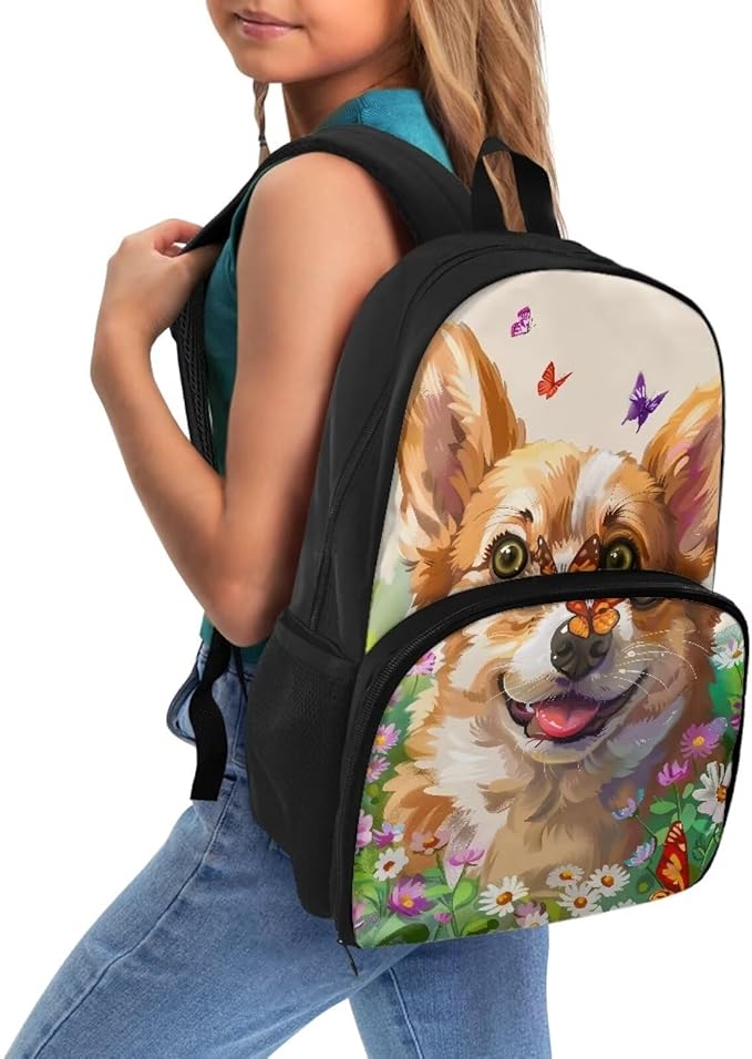 Corgi Floral Elementary Middle High Student Backpack All-In-One Laptop Backpack Computer Bag Meal Prep Backpack Cute Kids Dayback for Picnic Travel Camping Outdoor Casual