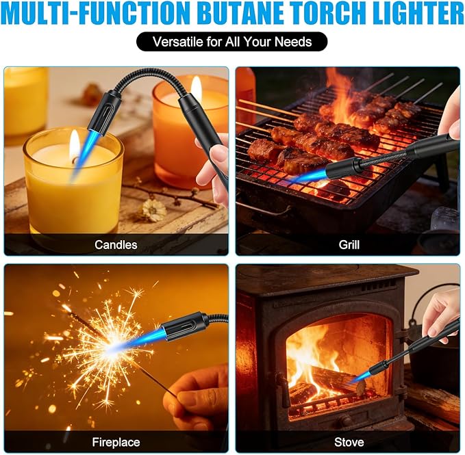 LcFun Torch Lighter Refillable Butane Lighters with Flexible Long Neck and Visible Fuel Window, Windproof Jet Flame Long Matches for Candles Grill Fireplace Kitchen Camping (Butane Not Included)
