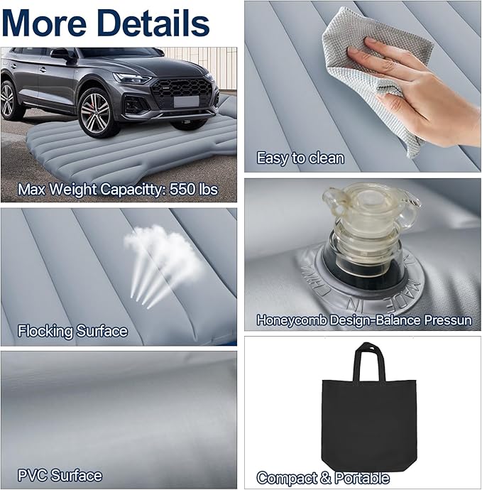 SUV Air Mattress, Car Air Mattress Compatible with Tesla Model Y, Camping Bed for Car Backseat, Inflatable Sleeping Pad with Pump, Truck Jeep Travel Bed for Camping Road Trip (Grey)