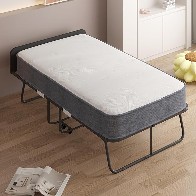 BALUS Folding Bed with Mattress, 75" x 31" Rollaway Bed with Headborad & Dustproof Bag, Portable Fold Up Beds with 5" Rebound Mattress, 2 Locking Caster Foldable Twin Frame for Bedroom/Office（Upgrade）