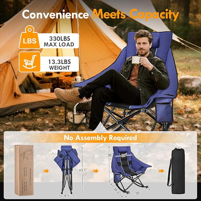 Slendor Oversized Heated Camping Chair, Folding Heated Rocking Chair with Padded Pillow, 3 Adjustable Heat Settings Portable Camp Chair for Outdoor & Indoor Use, NO Power Bank, Blue