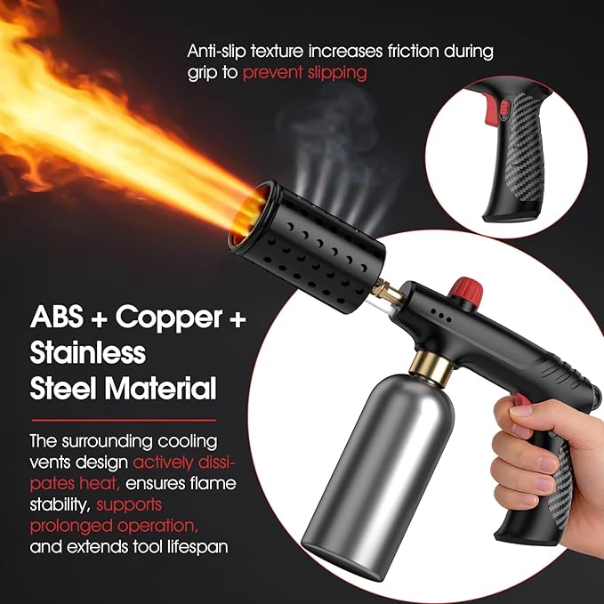 Propane Torch Gun, Adjustable Propane Flame Thrower Gun with Safety Lock, Powerful Propane Fire Starter Blow Torch for Camping Grill, Cooking, Campfire & Charcoal Lighting,Tank Not Included, Black