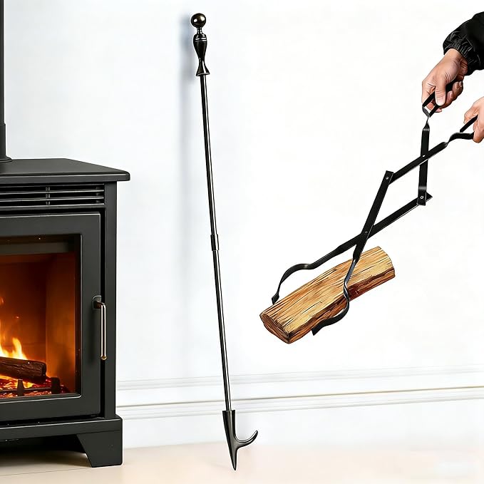 Heavy Duty 32” Long Fireplace Fire Pit Campfire Poker Stick and 26” Fireplace Tongs Tool Set Log Grabber Rust Resistant fire poker Camping Fireplace Tools for Indoor Outdoor Solo Stove Accessories