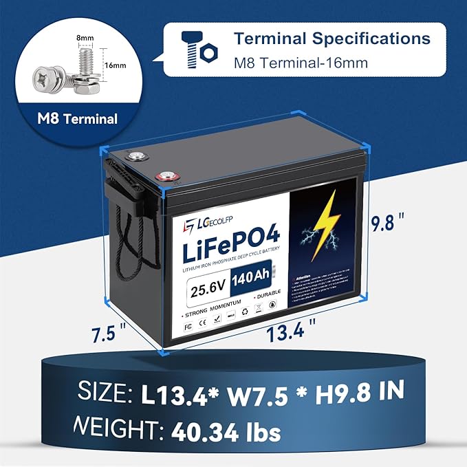 24V 140Ah LiFePO4 Lithium Battery,Built-in 100A BMS,3584W Power Output,Up to 15000 Cycles,Perfect for Trolling Motors,Marine,RV,Boat,Solar Off-Grid Systems,Camping